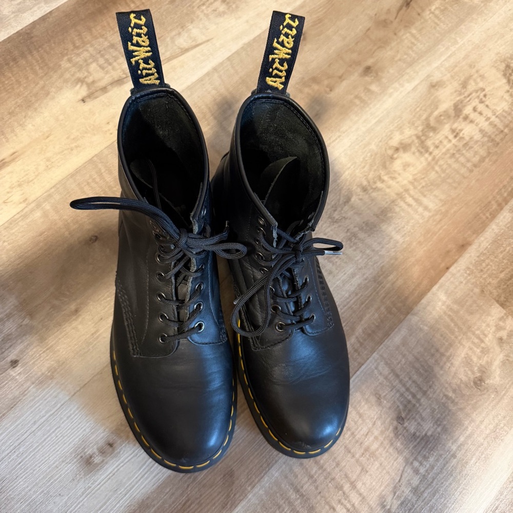 Dr. Martens Black Leather Lace-Up Boots with Yellow Stitching - Picture 2 of 9